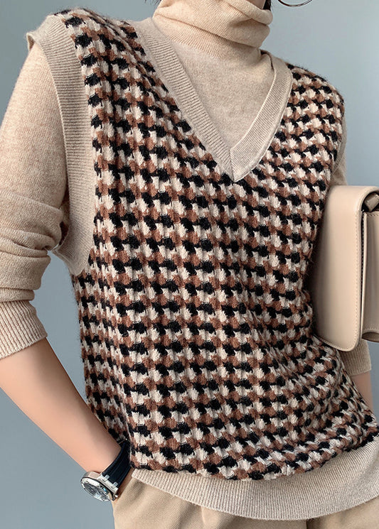 Women Camel V Neck Plaid Cotton Knit Waistcoat Fall