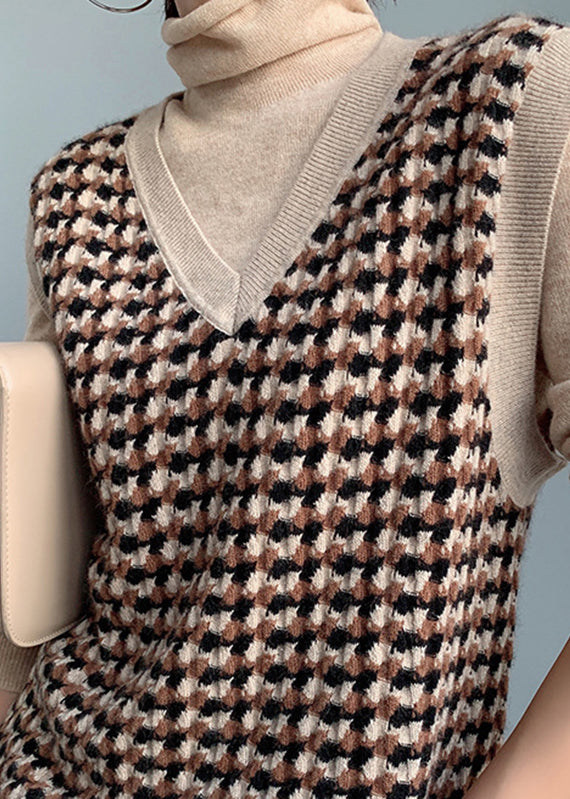 Women Camel V Neck Plaid Cotton Knit Waistcoat Fall