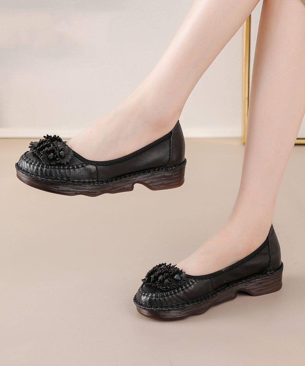 Women Caramel Flats Cowhide Leather Comfortable Floral