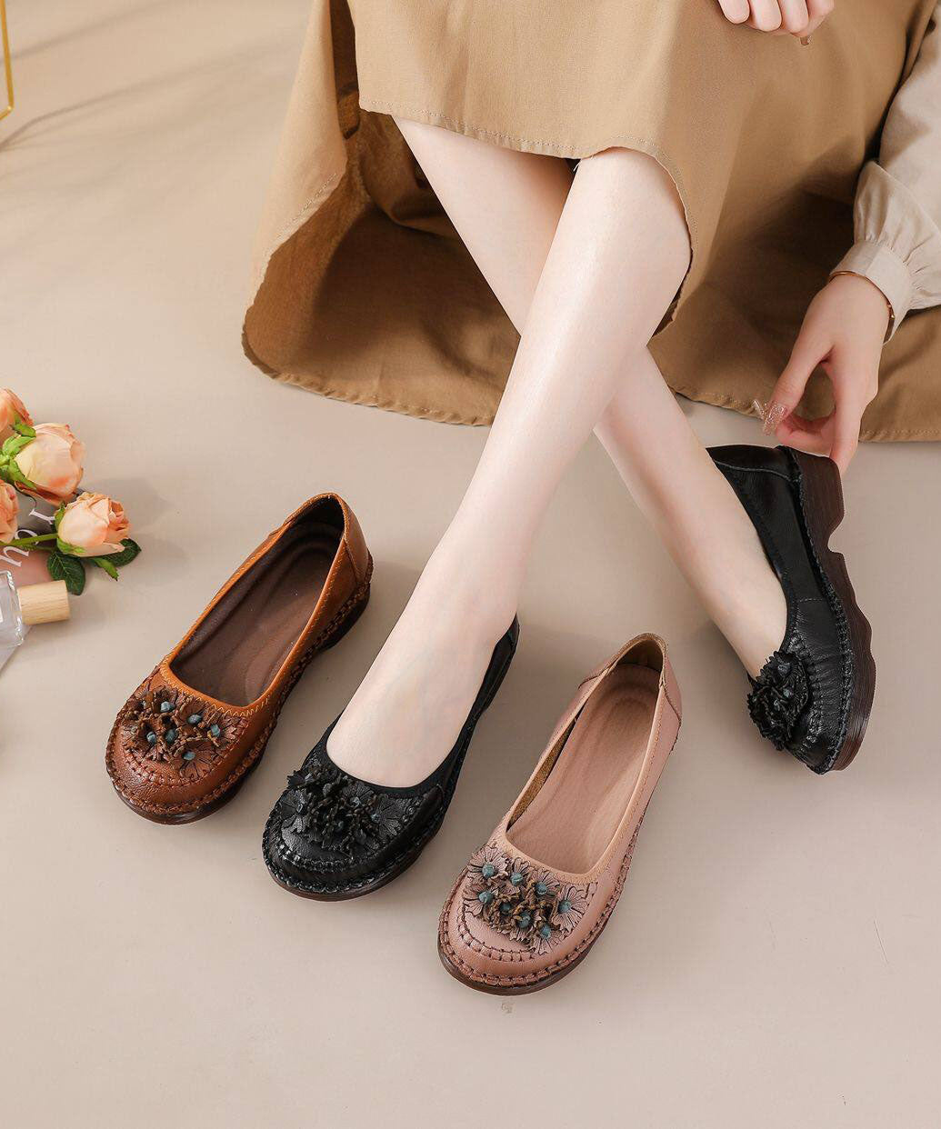 Women Caramel Flats Cowhide Leather Comfortable Floral