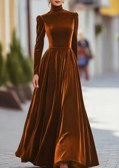 Women Caramel Hign Neck Exra Large Hem Long Dresses Puff Sleeve