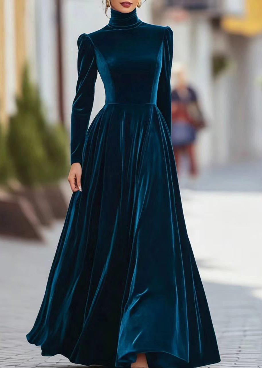 Women Caramel Hign Neck Exra Large Hem Long Dresses Puff Sleeve