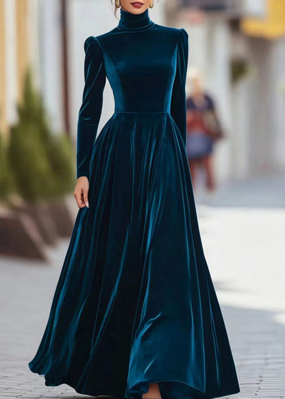 Women Caramel Hign Neck Exra Large Hem Long Dresses Puff Sleeve