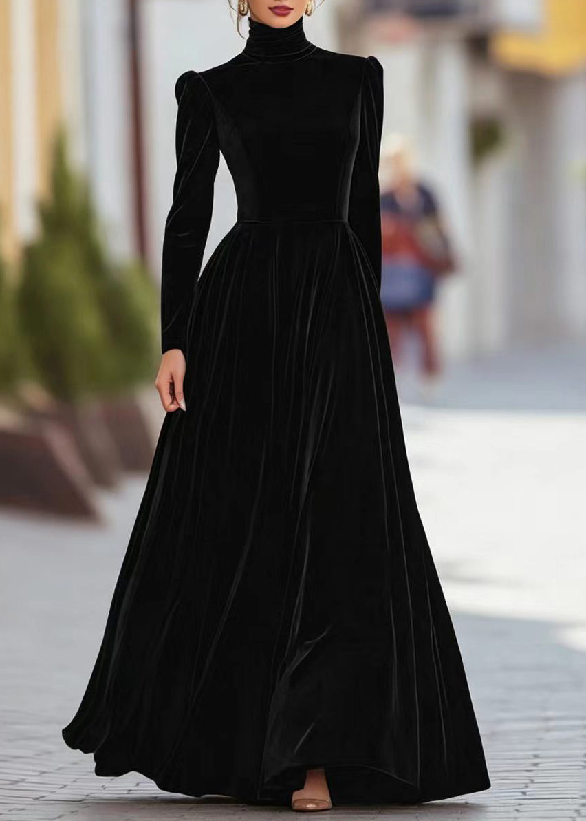 Women Caramel Hign Neck Exra Large Hem Long Dresses Puff Sleeve