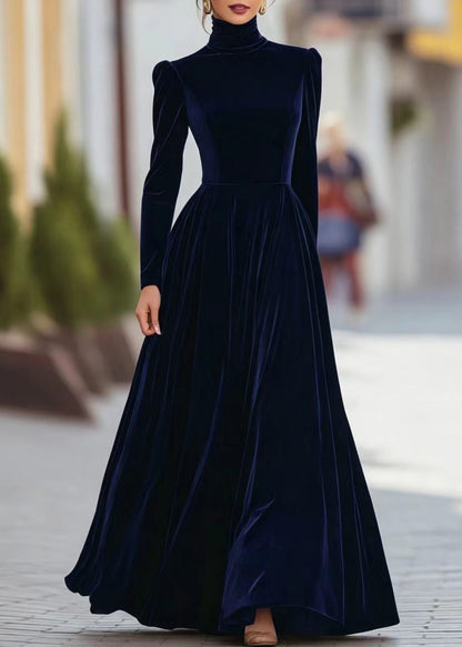 Women Caramel Hign Neck Exra Large Hem Long Dresses Puff Sleeve