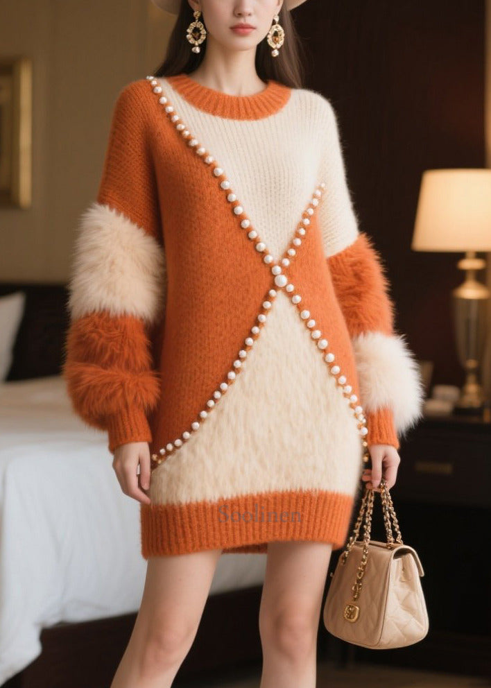 Women Caramel Nail Bead Patchwork Faux Fur Sweater Dress Winter