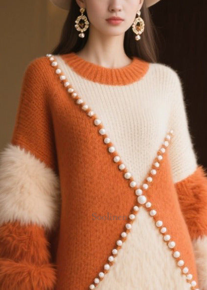 Women Caramel Nail Bead Patchwork Faux Fur Sweater Dress Winter