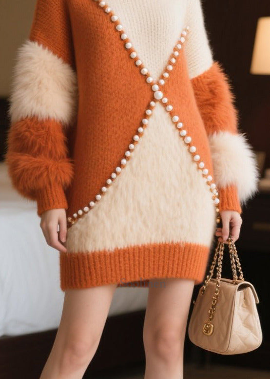 Women Caramel Nail Bead Patchwork Faux Fur Sweater Dress Winter
