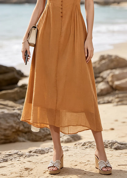 Women Caramel O Neck Patchwork Cotton Maxi Dresses Sleeveless