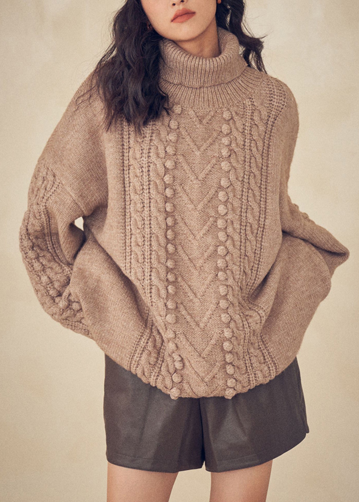 Women Caramel Turtleneck  Cable Knit Sweaters Top Fall