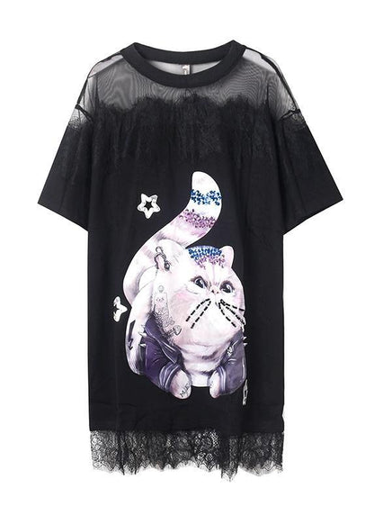 Women Cartoon print Cotton Tunics Inspiration white patchwork lace Dresses summer - SooLinen