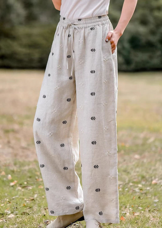 Women Casual Embroidered Pockets Elastic Waist Linen Pants Summer