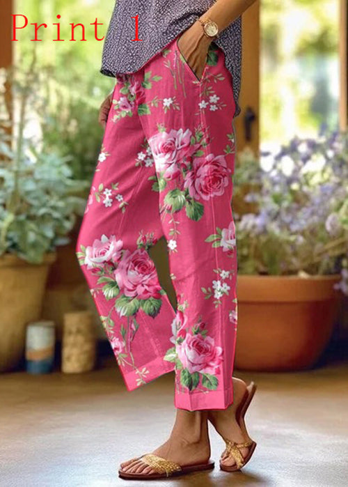 Women Casual Pockets Print Cotton Pants Summer