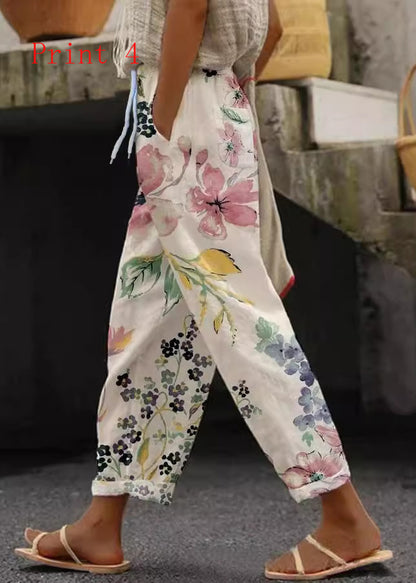 Women Casual Pockets Print Cotton Pants Summer