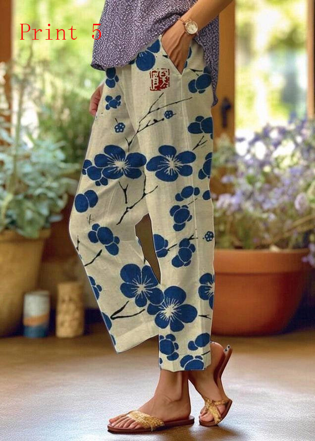 Women Casual Pockets Print Cotton Pants Summer