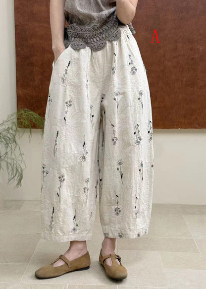 Women Casual Pockets Print Elastic Waist Cotton Pants Fall