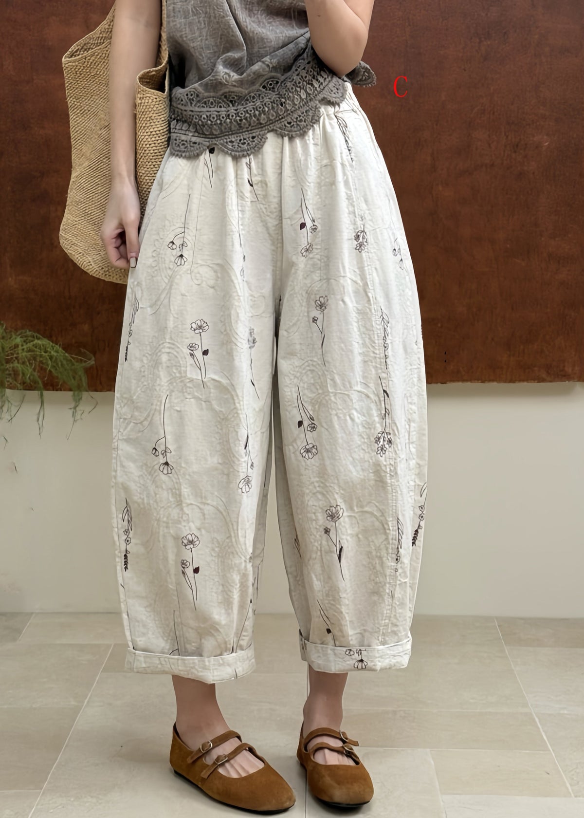 Women Casual Pockets Print Elastic Waist Cotton Pants Fall