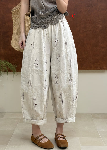 Women Casual Pockets Print Elastic Waist Cotton Pants Fall