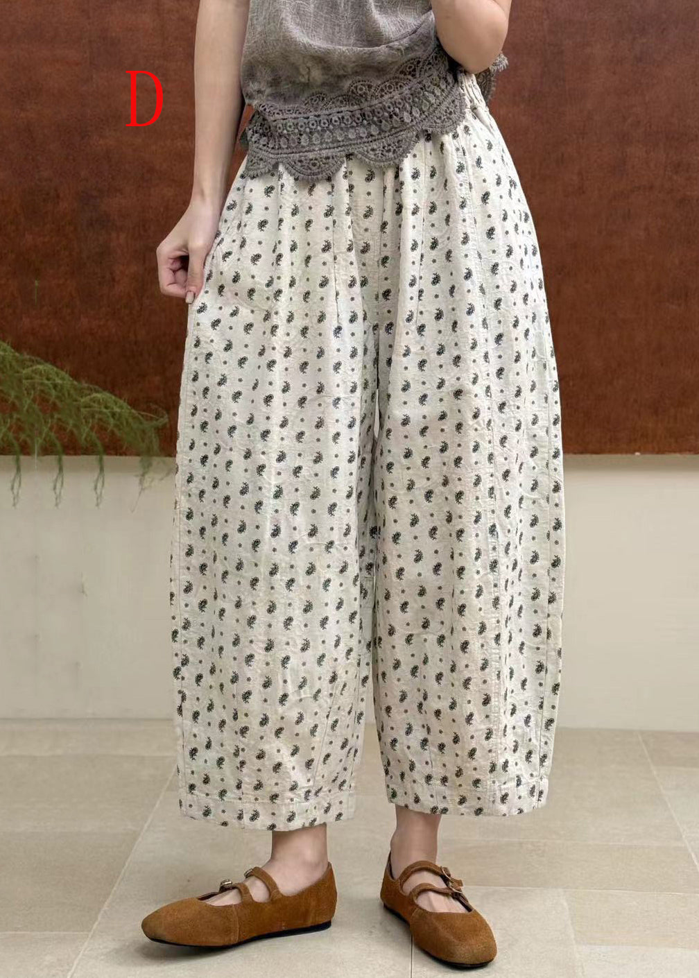 Women Casual Pockets Print Elastic Waist Cotton Pants Fall