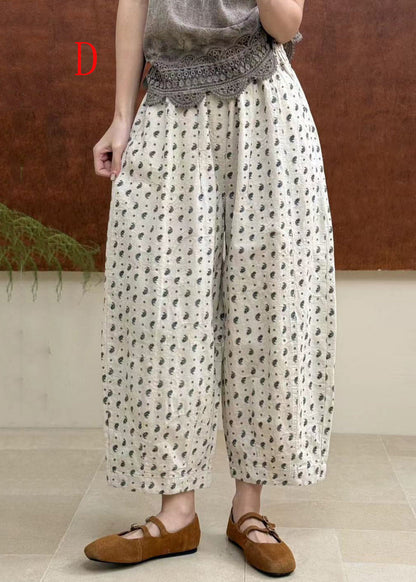 Women Casual Pockets Print Elastic Waist Cotton Pants Fall