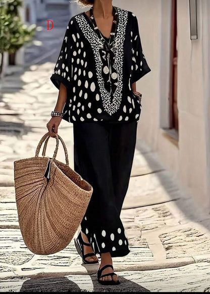 Women Casual V Neck Print Cotton 2 Piece Outfit Summer