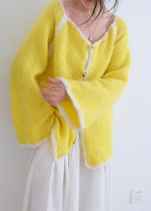 Women Casual Yellow O Neck Button Knit Cardigans Fall
