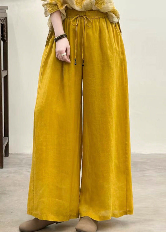 Women Casual Yellow Pockets Elastic Waist Linen Pants Summer