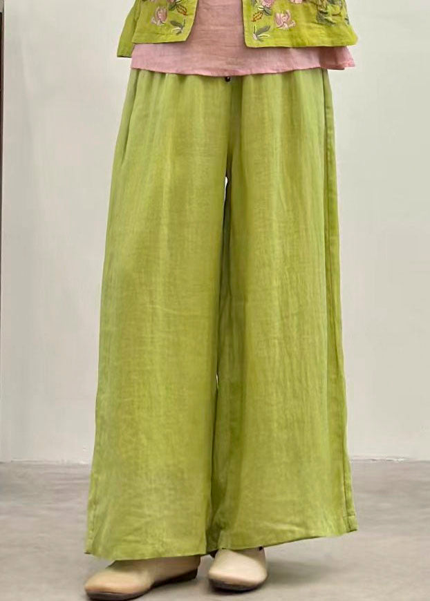 Women Casual Yellow Pockets Elastic Waist Linen Pants Summer