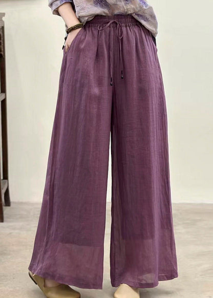 Women Casual Yellow Pockets Elastic Waist Linen Pants Summer