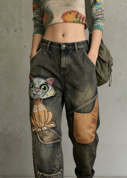 Women Cat Embroidery Patchwork Mid Waist Loose Denim Harem Jeans