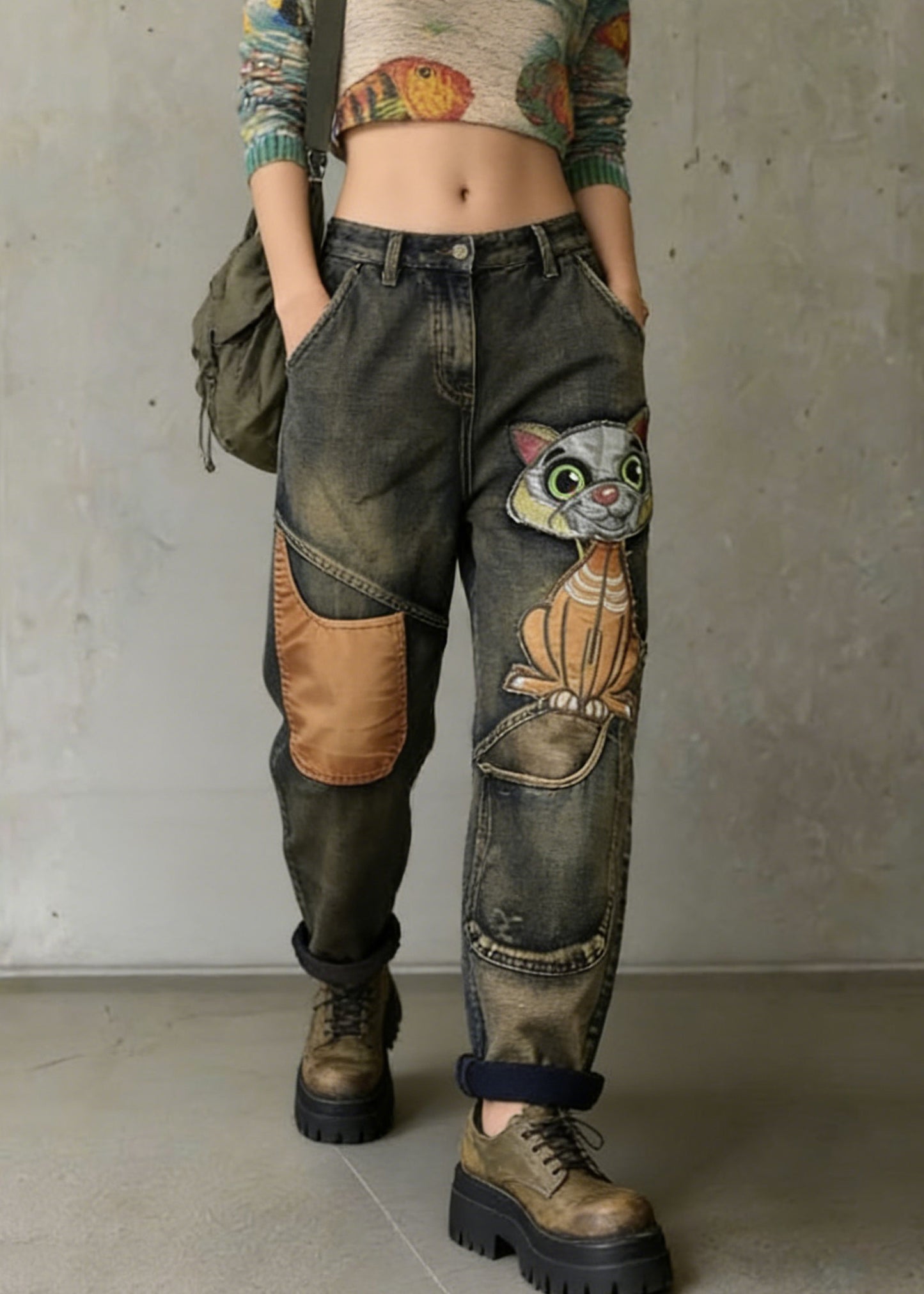 Women Cat Embroidery Patchwork Mid Waist Loose Denim Harem Jeans