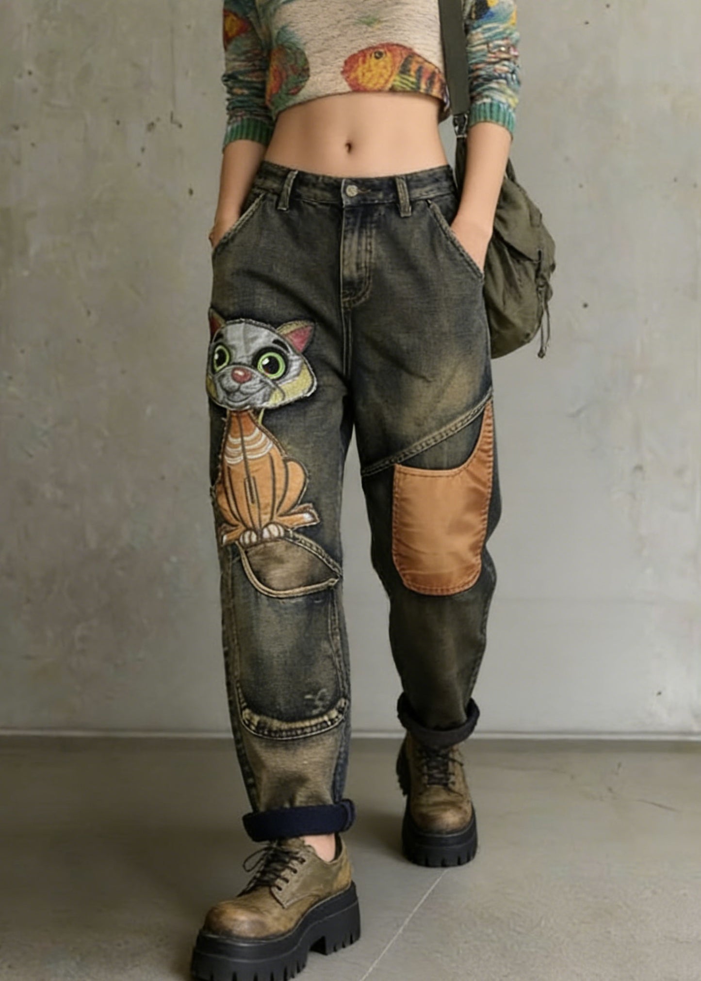 Women Cat Embroidery Patchwork Mid Waist Loose Denim Harem Jeans