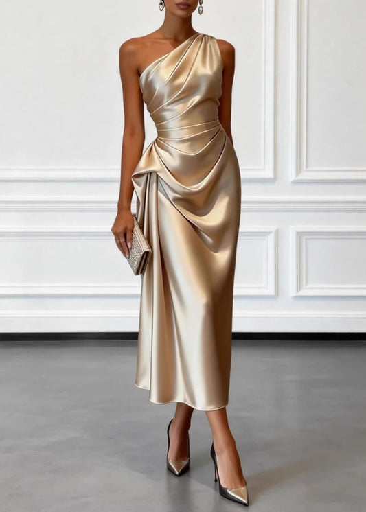 Women Champagne One Shoulder Wrinkled Silk Dress Summer