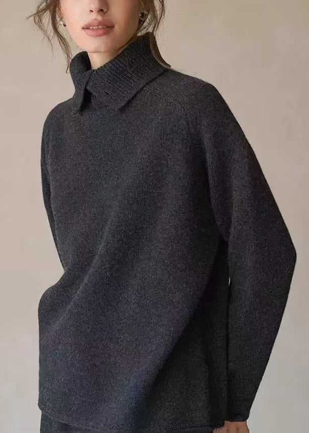 Women Charcoal Grey High Neck Warm Knit Shirts Winter