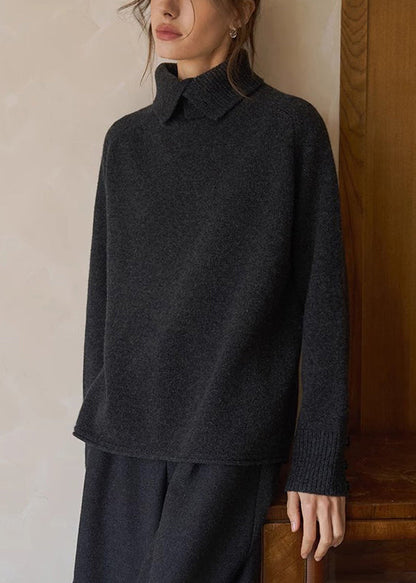 Women Charcoal Grey High Neck Warm Knit Shirts Winter
