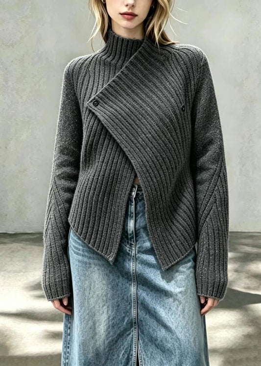 Women Charcoal Grey Speckled Asymmetrical Knit Cardigan Fall