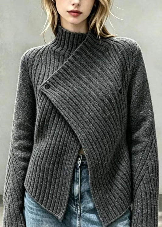 Women Charcoal Grey Speckled Asymmetrical Knit Cardigan Fall