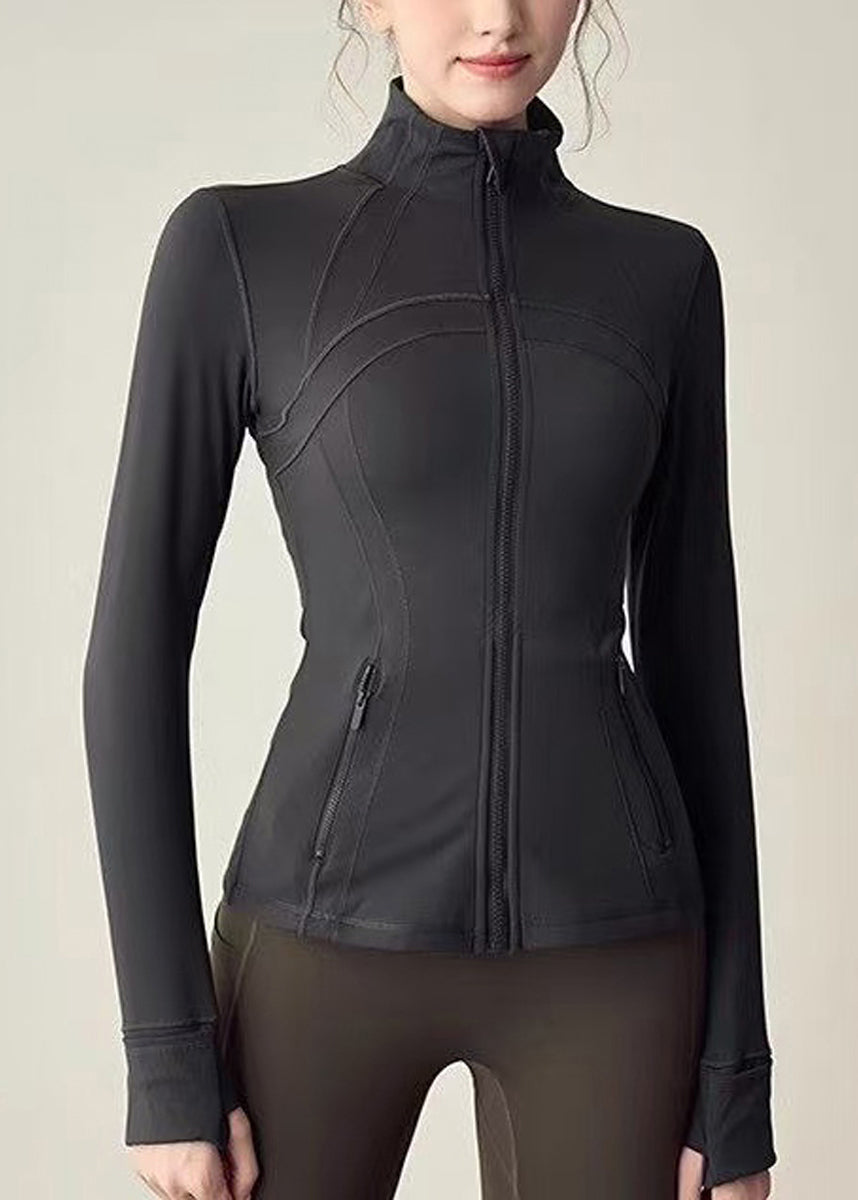 Women Charcoal Grey Stand Collar Zip Up High-Stretchy Long Sleeve Tennis Coats