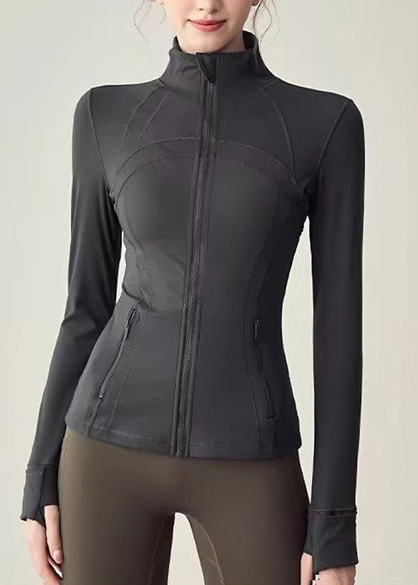 Women Charcoal Grey Stand Collar Zip Up High-Stretchy Long Sleeve Tennis Coats