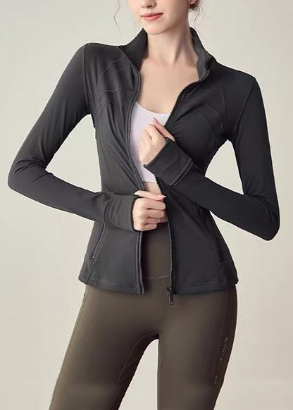 Women Charcoal Grey Stand Collar Zip Up High-Stretchy Long Sleeve Tennis Coats