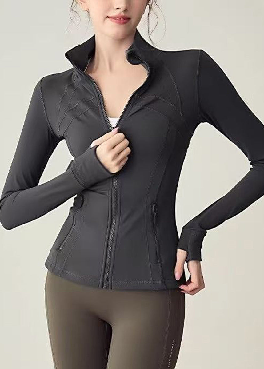 Women Charcoal Grey Stand Collar Zip Up High-Stretchy Long Sleeve Tennis Coats