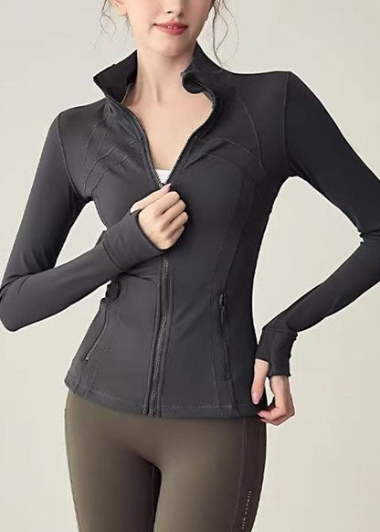 Women Charcoal Grey Stand Collar Zip Up High-Stretchy Long Sleeve Tennis Coats