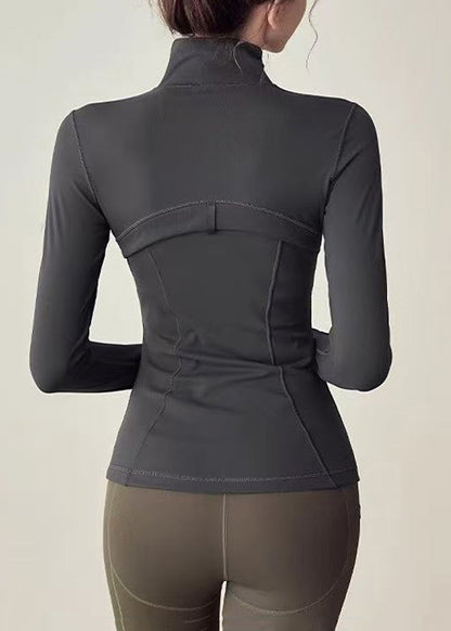 Women Charcoal Grey Stand Collar Zip Up High-Stretchy Long Sleeve Tennis Coats