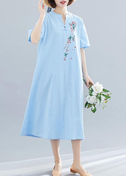 Women Chinese Button cotton Tunics Shape blue A Line Dress summer - SooLinen