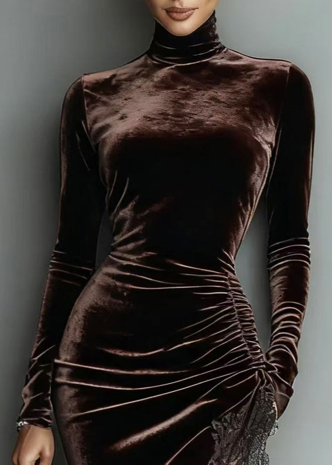 Women Chocolate Hign Neck Asymmetrical Ruched Silk Velvet Dress Fall