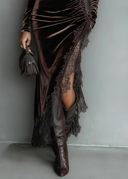 Women Chocolate Hign Neck Asymmetrical Ruched Silk Velvet Dress Fall