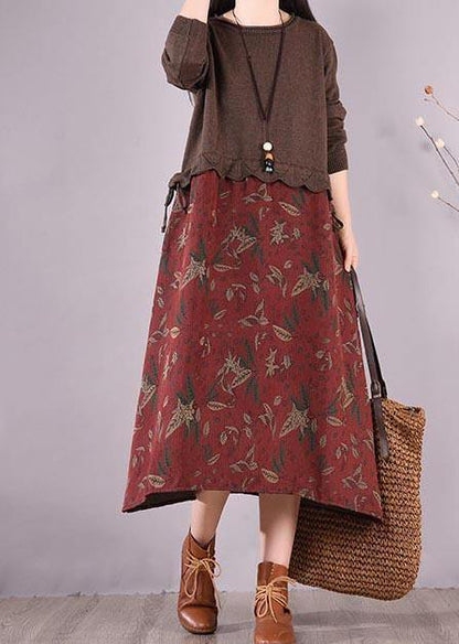 Women Chocolate Patchwork Print Clothes O Neck Loose Spring Dress - SooLinen