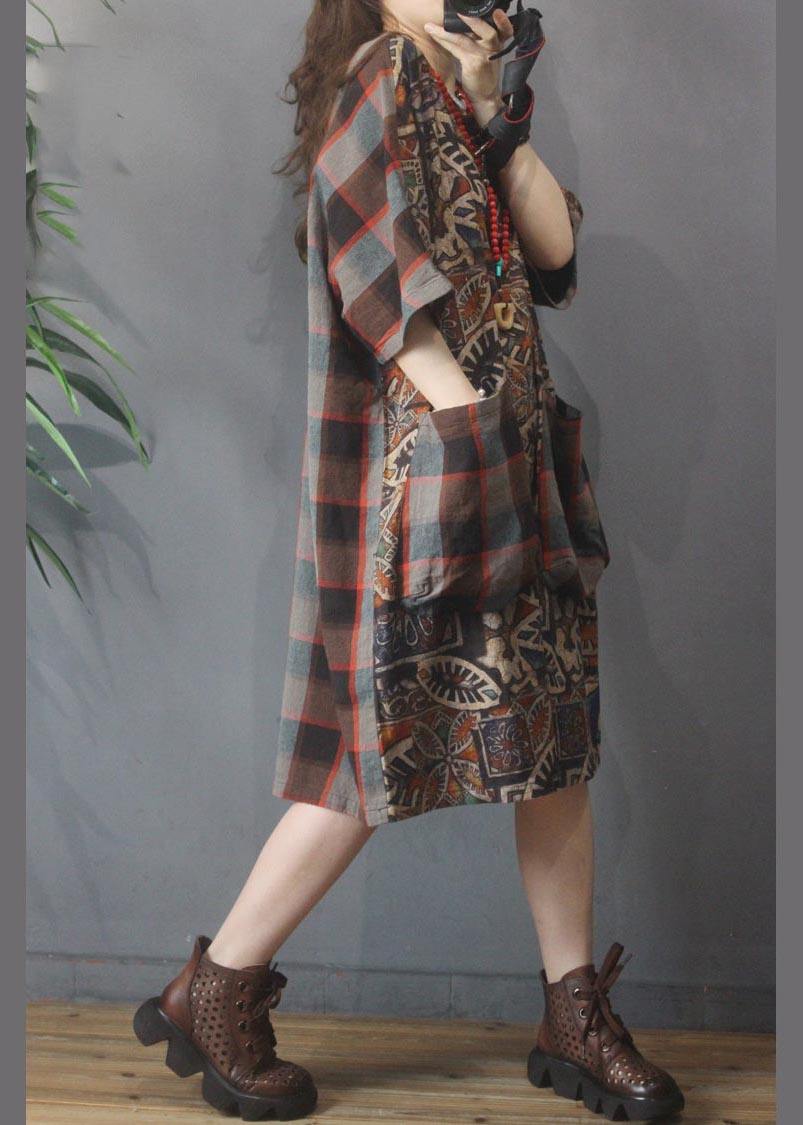 Women Chocolate Print Cotton Dress Patchwork Summer Dress - SooLinen