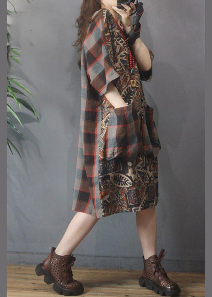 Women Chocolate Print Cotton Dress Patchwork Summer Dress - SooLinen