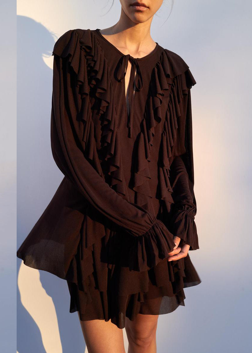 Women Chocolate Ruffled Lace Up Cotton Mini Dress Butterfly Sleeve